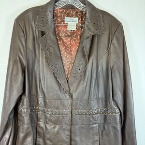 Bradley Bayou Brown Leather Laser Cut Studded Jacket Womens‎ Size XL